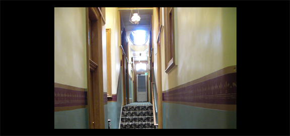 Hallway at the Silver Queen Hotel in Virginia City, Nevada, where ghostly footsteps and voices are often heard by guests during the late night hours. (staff photo)