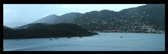 The  harbor at Charlotte Amalie with Hassel Island in the foreground, where the La Trompeuse may have been anchored. (staff photo)