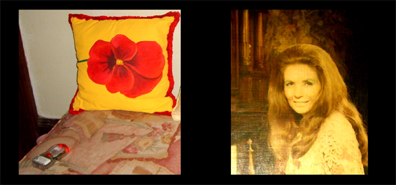 EMF detector indicating an anomaly (left) on a couch at the Johnny Cash house in Jamaica. The pillow was hand sewn by June Carter Cash (right), shown in photograph on display at the house. (staff photo)